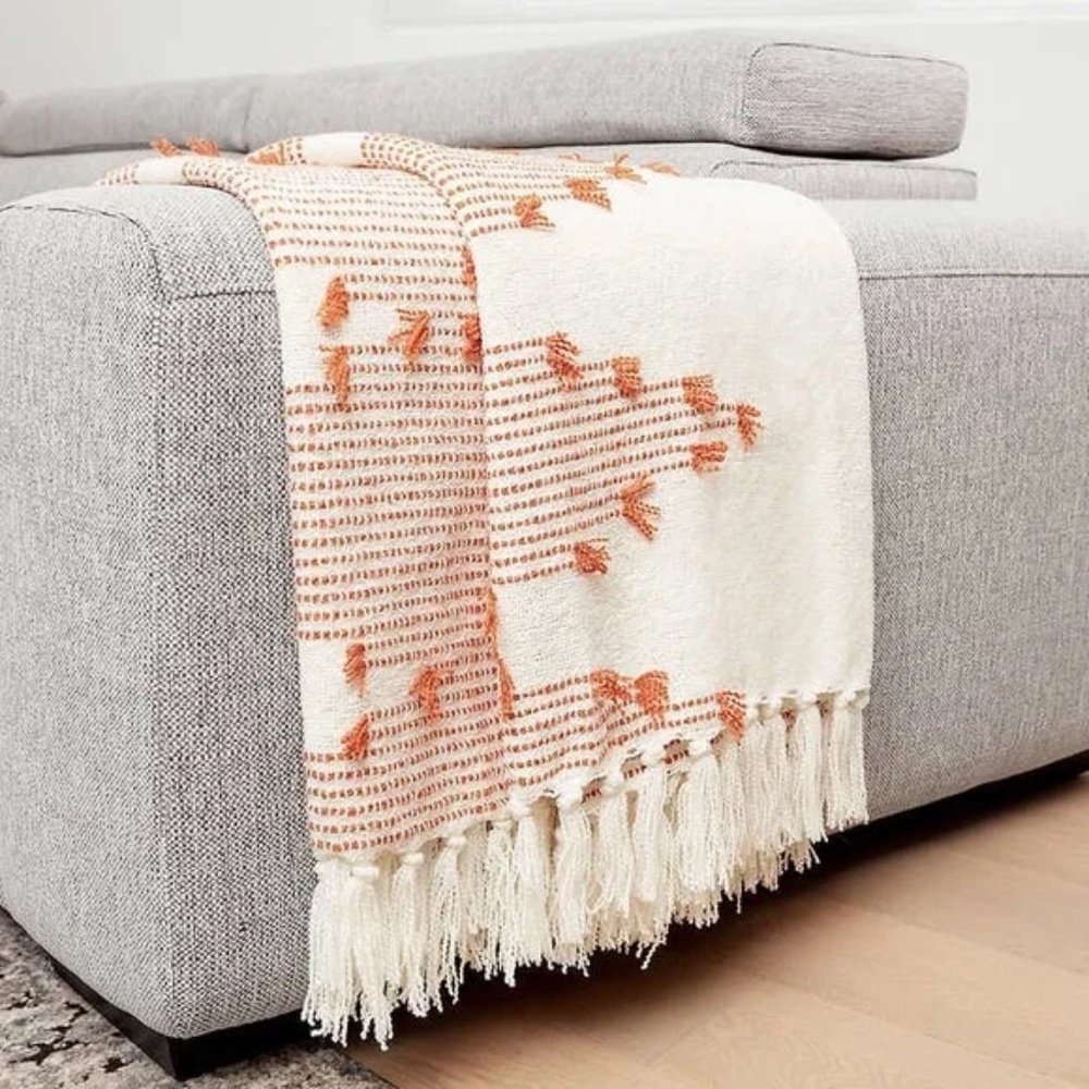 Revolution Home Boho Fringed Throw Cream White / Orange